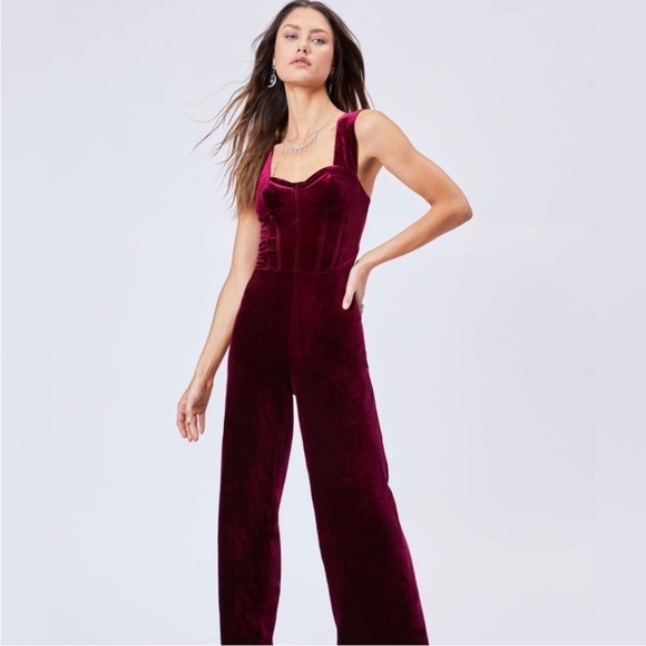 Cider Burgundy Velvet Jumpsuit Corset Style Wide Leg Holiday Christmas Large NWT - Picture 1 of 10